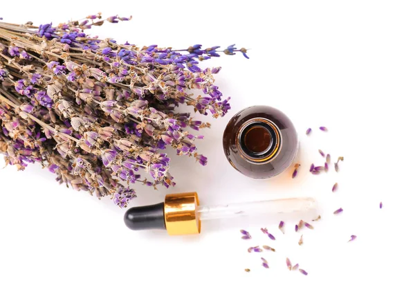 Bottle Lavender Essential Oil White Background — Stock Photo, Image