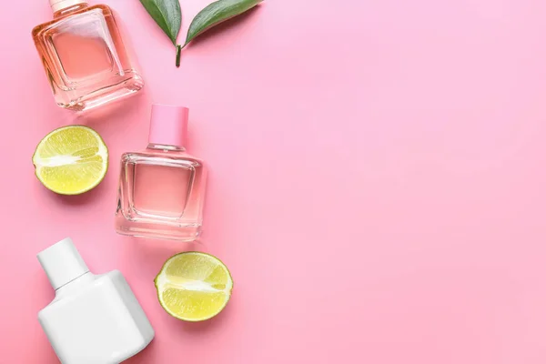 Bottles Citrus Perfumes Color Background — Stock Photo, Image