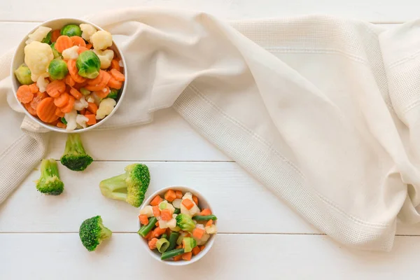 Frozen Vegetables Bowls Light Wooden Background — Stock Photo, Image