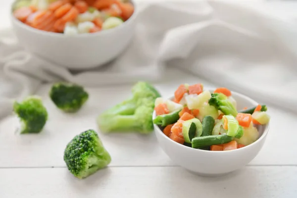 Frozen Vegetables Bowls Light Wooden Background — Stock Photo, Image