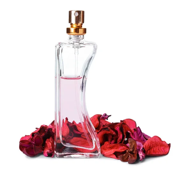 Beyaz Arka Planda Bir Şişe Çiçek Parfümü — Stok fotoğraf
