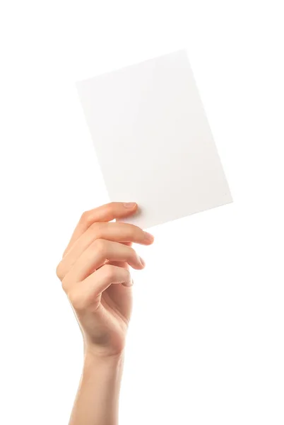 Female Hand Blank Paper Card White Background — Stock Photo, Image