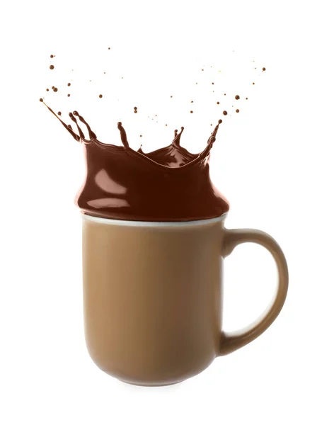 Copa Con Salpicadura Chocolate Caliente Sobre Fondo Blanco — Foto de Stock