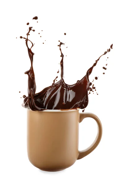 Copa Con Salpicadura Chocolate Caliente Sobre Fondo Blanco — Foto de Stock