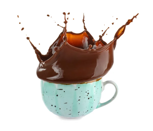 Coupe Avec Éclaboussure Chocolat Chaud Sur Fond Blanc — Photo