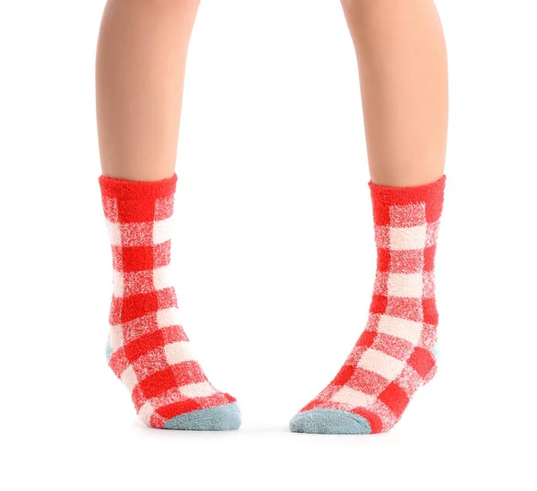 Beine Der Jungen Frau Socken Auf Weißem Hintergrund — Stockfoto