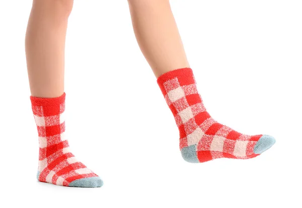 Legs Young Woman Socks White Background — Stock Photo, Image