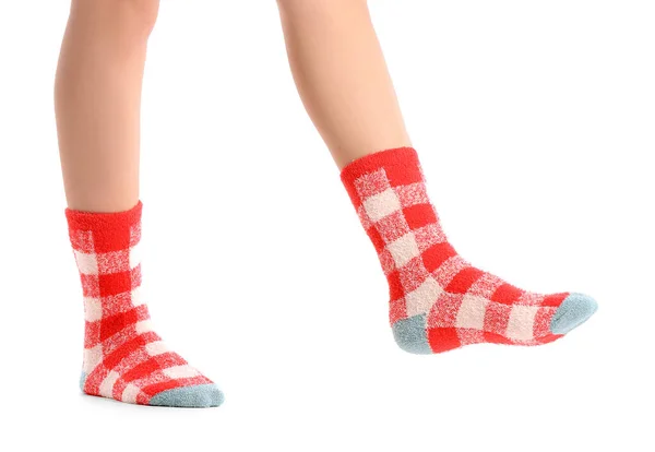 Beine Der Jungen Frau Socken Auf Weißem Hintergrund — Stockfoto