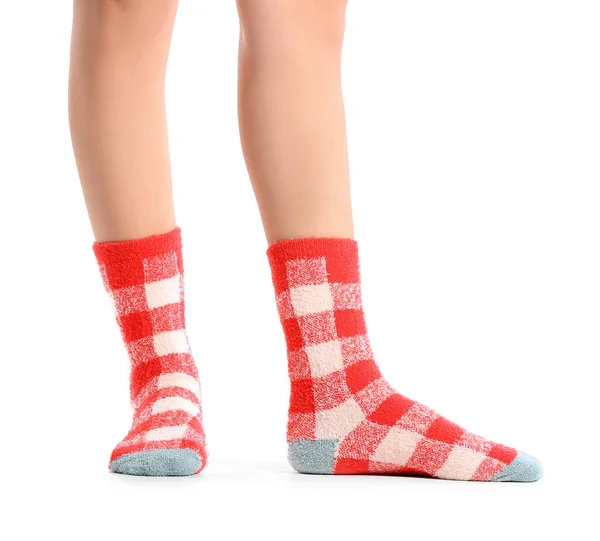 Beine Der Jungen Frau Socken Auf Weißem Hintergrund — Stockfoto