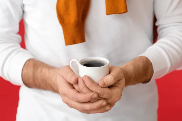 Young Man Cup Hot Coffee Closeup — Stock Photo, Image