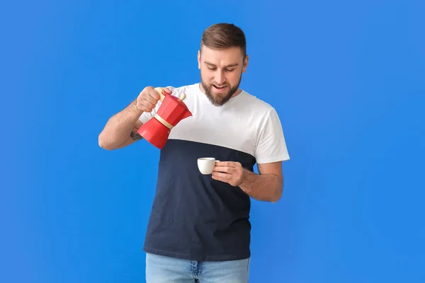 Handsome Young Man Drinking Hot Coffee Color Background — Stock Photo, Image