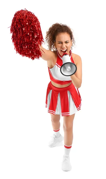 Beautiful Young Cheerleader Megaphone White Background — Stock Photo, Image