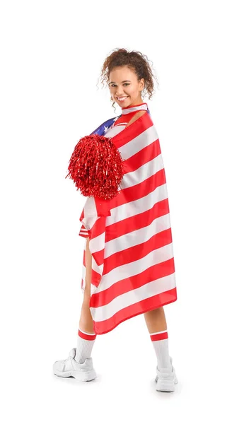 Mooie Jonge Cheerleader Met Usa Vlag Witte Achtergrond — Stockfoto