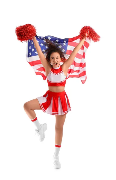 Beautiful Young Cheerleader Usa Flag White Background — Stock Photo, Image