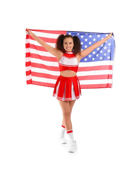 Beautiful Young Cheerleader Usa Flag White Background — Stock Photo, Image