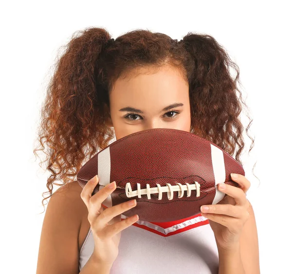 Cheerleader Muda Yang Cantik Dengan Bola Latar Belakang Putih — Stok Foto