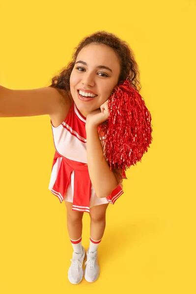 Beautiful Young Cheerleader Taking Selfie Color Background — Stock Photo, Image