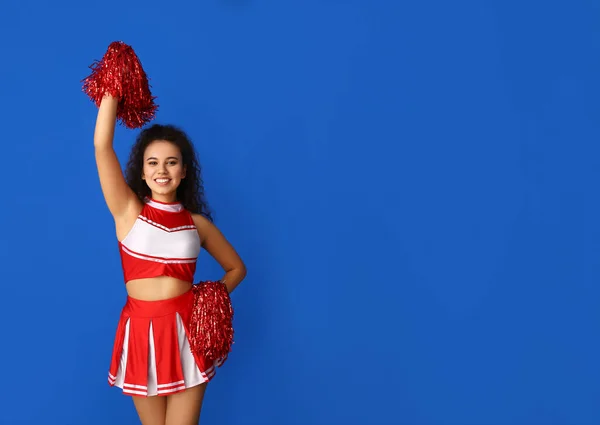 Beautiful Young Cheerleader Color Background — Stock Photo, Image