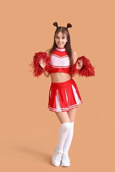 Piękna Młoda Cheerleaderka Tle Koloru — Zdjęcie stockowe