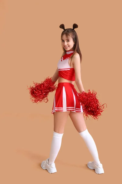 Beautiful Young Cheerleader Color Background — Stock Photo, Image