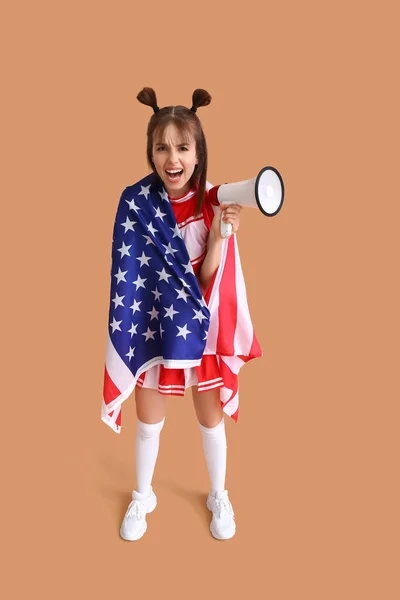 Emotional Cheerleader Usa Flag Megaphone Color Background — Stock Photo, Image