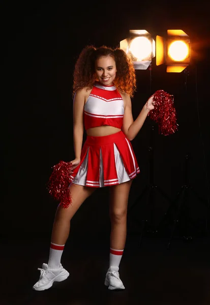 Beautiful Young Cheerleader Dark Background — Stock Photo, Image