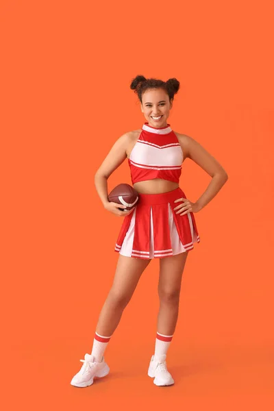 Mooie Jonge Cheerleader Met Bal Kleur Achtergrond — Stockfoto