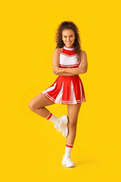 Beautiful Young Cheerleader Color Background — Stock Photo, Image