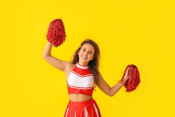 Beautiful Young Cheerleader Color Background — Stock Photo, Image