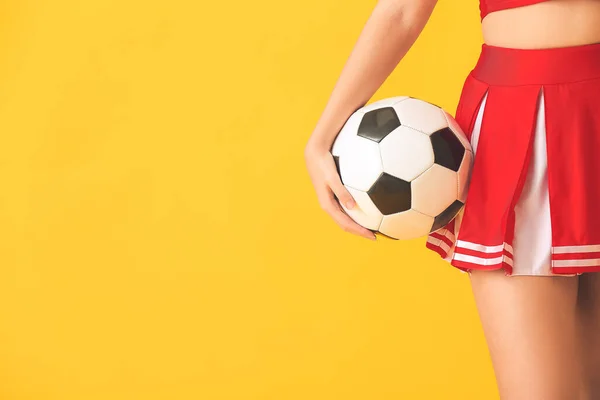 Beautiful Young Cheerleader Soccer Ball Color Background — Stock Photo, Image
