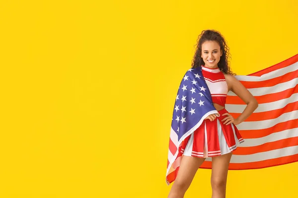 Mooie Jonge Cheerleader Met Usa Vlag Kleur Achtergrond — Stockfoto
