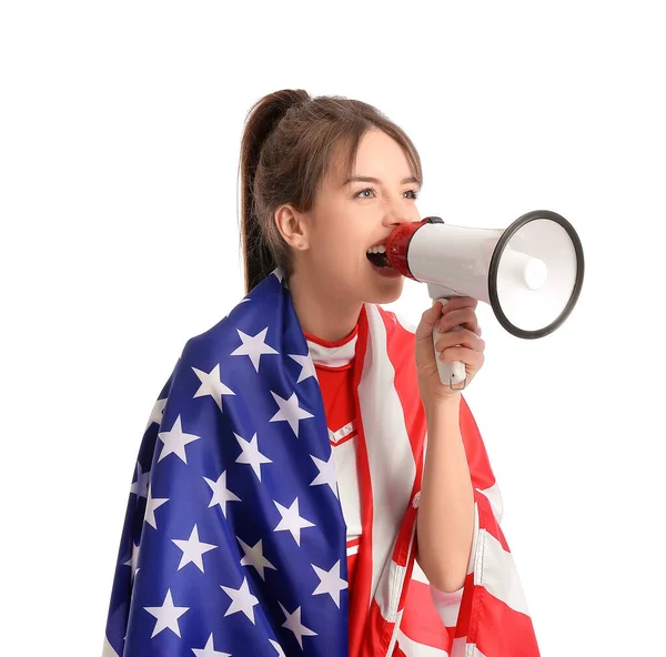 Beautiful Young Cheerleader Usa Flag Megaphone White Background — Stock Photo, Image