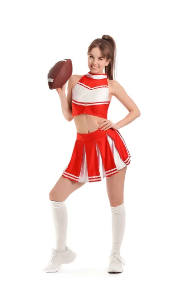 Mooie Jonge Cheerleader Met Bal Witte Achtergrond — Stockfoto