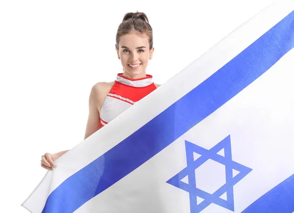 Jovem Líder Torcida Bonita Com Bandeira Israel Fundo Branco — Fotografia de Stock