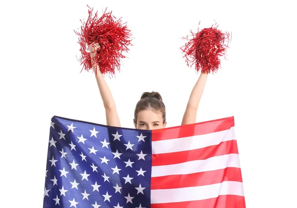 Beautiful Young Cheerleader Usa Flag White Background — Stock Photo, Image