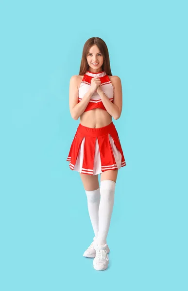 Beautiful Young Cheerleader Color Background — Stock Photo, Image