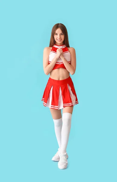 Belle Jeune Pom Pom Girl Sur Fond Couleur — Photo