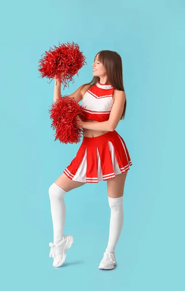 Belle Jeune Pom Pom Girl Sur Fond Couleur — Photo