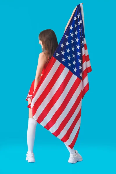 Beautiful Young Cheerleader Usa Flag Color Background — Stock Photo, Image