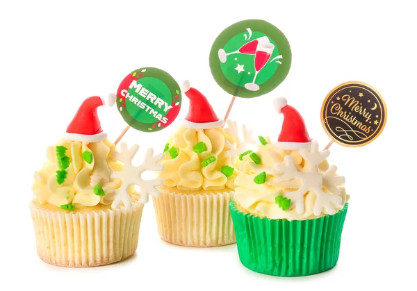 Tasty Christmas Cupcakes White Background — Stock Photo, Image