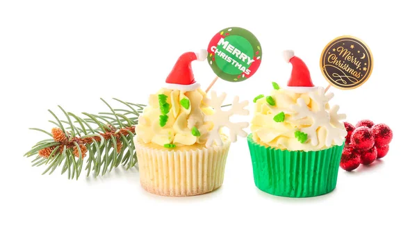 Tasty Christmas Cupcakes White Background — Stock Photo, Image