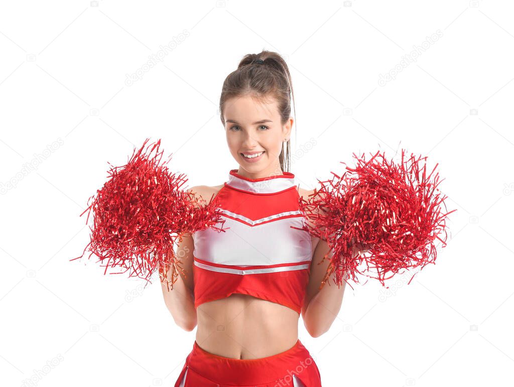 Beautiful young cheerleader on white background