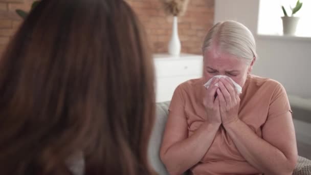 Daughter Giving Glass Water Her Crying Mother Home — Stock Video