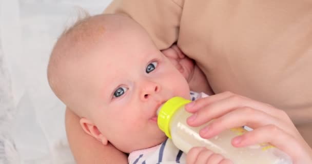Mujer Alimentando Lindo Bebé Casa — Vídeos de Stock