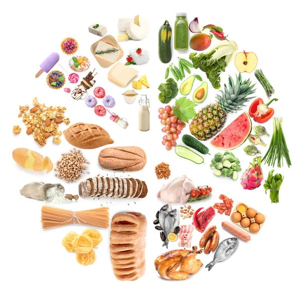 Beyaz Arka Planda Sağlıklı Sağlıksız Yiyecekler — Stok fotoğraf