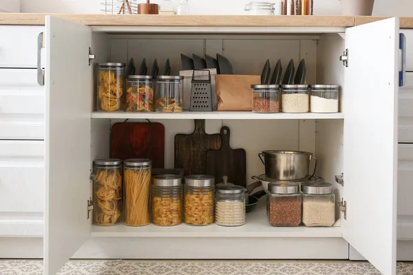 Shelves Utensils Glass Jars Products Cupboard — Stock Photo, Image