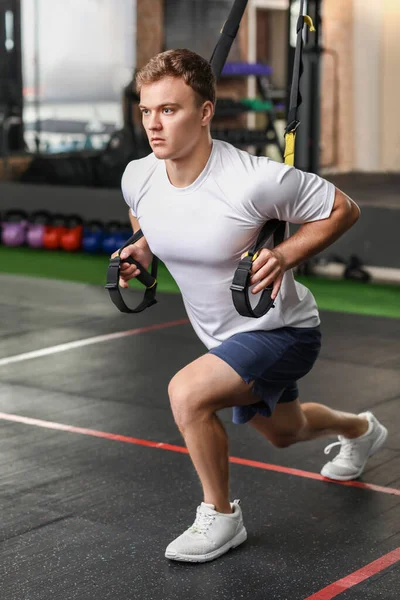 Handsome Muscular Man Exercising Trx Straps Gym — Stock Photo, Image
