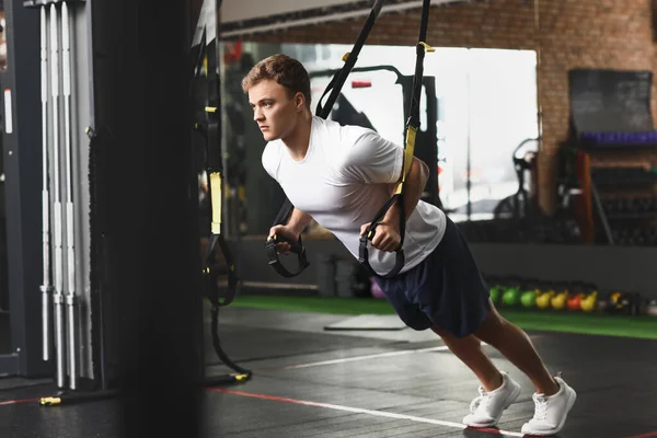 Handsome Muscular Man Exercising Trx Straps Gym — Stock Photo, Image