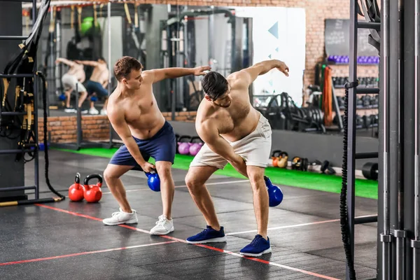 Handsome Muscular Men Exercising Kettlebell Gym — Stock Photo, Image