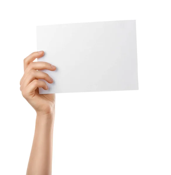 Weibliche Hand Mit Leerem Papier Auf Weißem Hintergrund — Stockfoto